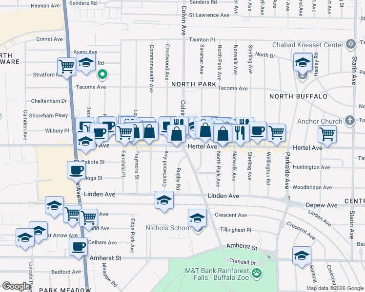 map of restaurants, bars, coffee shops, grocery stores, and more near Hertel Ave & Colvin Ave in Buffalo