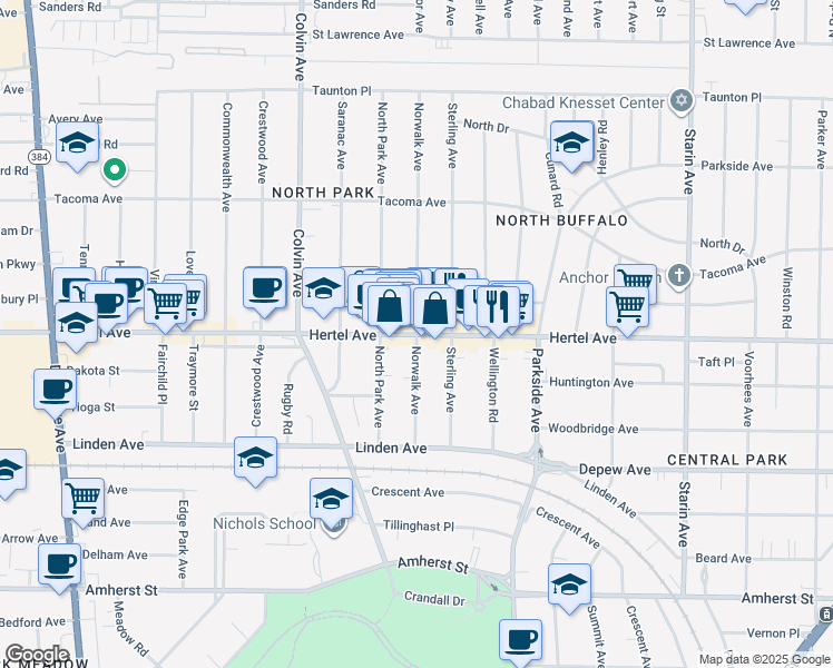 map of restaurants, bars, coffee shops, grocery stores, and more near 126 Norwalk Avenue in Buffalo