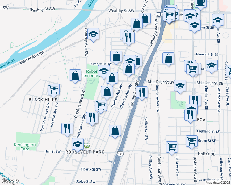 map of restaurants, bars, coffee shops, grocery stores, and more near 847 Caulfield Avenue Southwest in Grand Rapids
