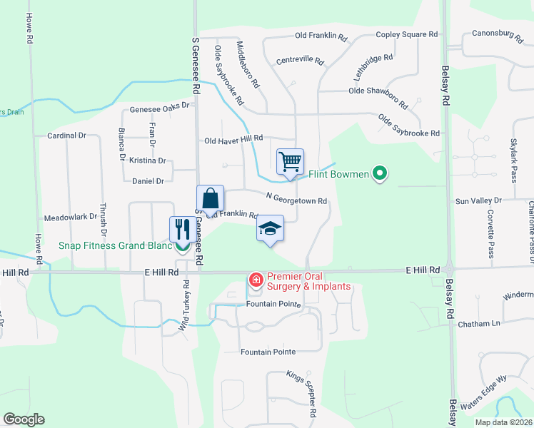 map of restaurants, bars, coffee shops, grocery stores, and more near 5107 Old Franklin Road in Grand Blanc