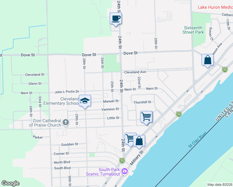 map of restaurants, bars, coffee shops, grocery stores, and more near 3013 24th Street in Port Huron