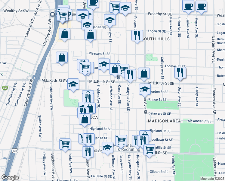 map of restaurants, bars, coffee shops, grocery stores, and more near 836 Jefferson Avenue Southeast in Grand Rapids
