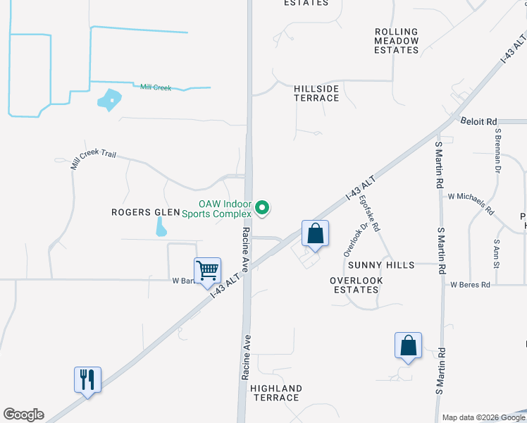 map of restaurants, bars, coffee shops, grocery stores, and more near 5330 South Racine Avenue in New Berlin
