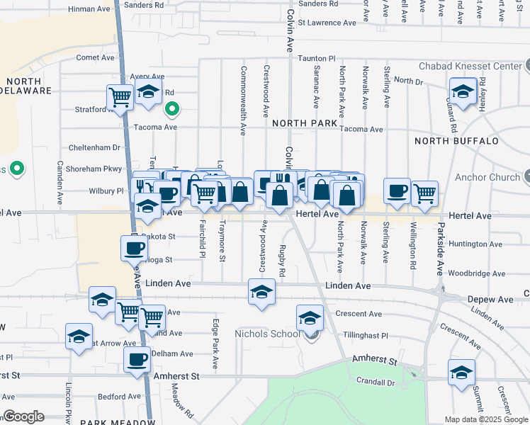 map of restaurants, bars, coffee shops, grocery stores, and more near Hertel Ave & Crestwood Ave in Buffalo