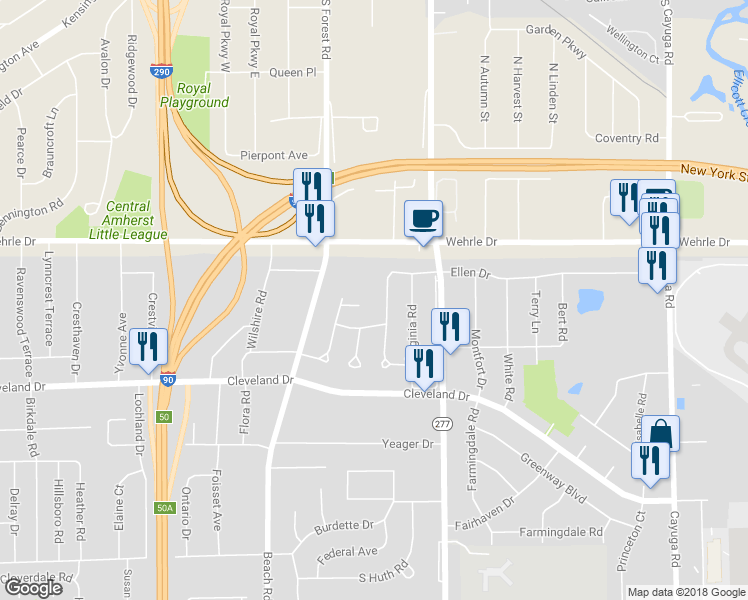map of restaurants, bars, coffee shops, grocery stores, and more near 90 Ellen Drive in Buffalo