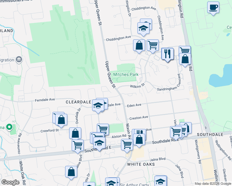 map of restaurants, bars, coffee shops, grocery stores, and more near 673 Upper Queen Street in London