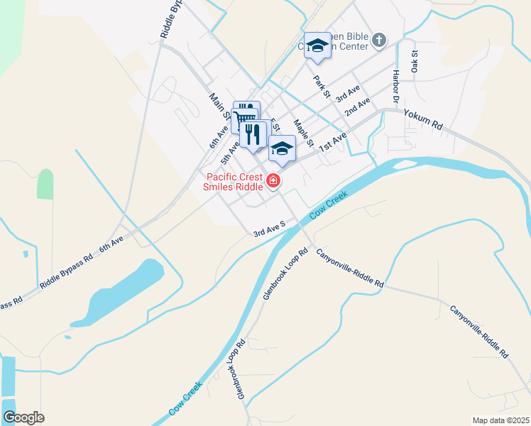 map of restaurants, bars, coffee shops, grocery stores, and more near 212 D Street in Riddle