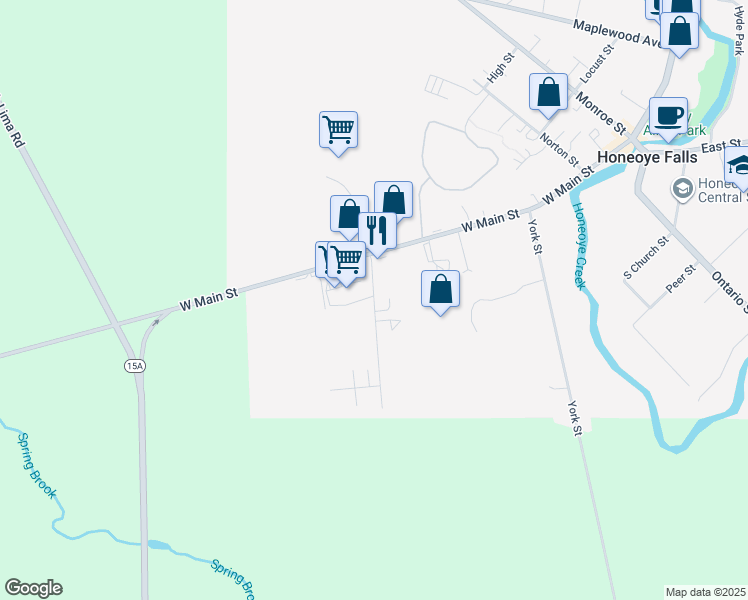map of restaurants, bars, coffee shops, grocery stores, and more near 166 West Main Street in Honeoye Falls