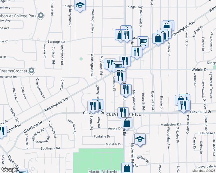 map of restaurants, bars, coffee shops, grocery stores, and more near 110 Concord Drive in Buffalo