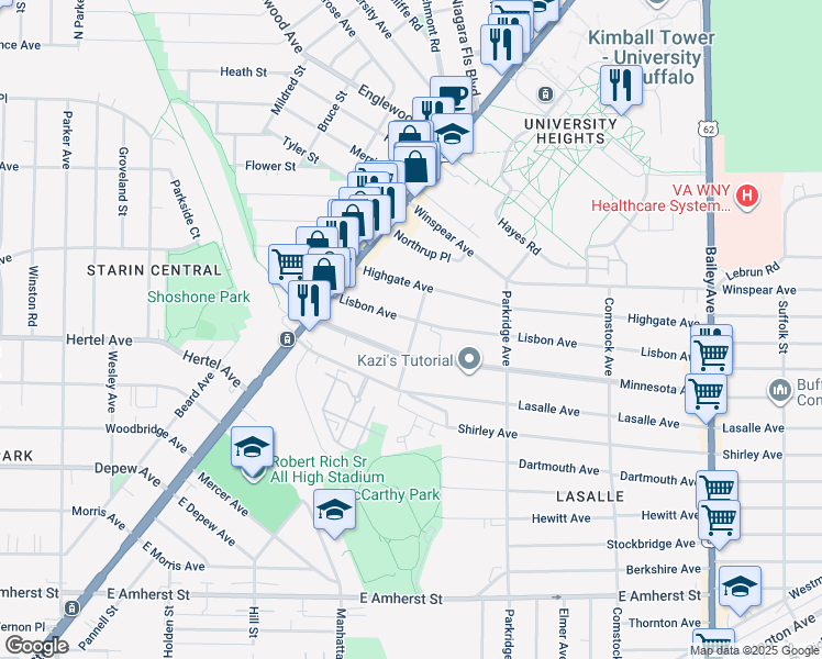map of restaurants, bars, coffee shops, grocery stores, and more near 98 Lisbon Avenue in Buffalo