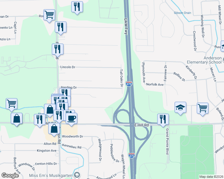 map of restaurants, bars, coffee shops, grocery stores, and more near 1187 Harding Drive in Flint