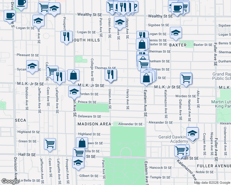 map of restaurants, bars, coffee shops, grocery stores, and more near 630 Franklin Street Southeast in Grand Rapids