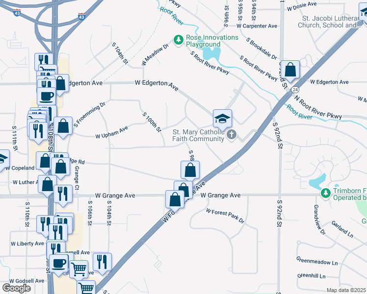 map of restaurants, bars, coffee shops, grocery stores, and more near 9915 West Brookside Drive in Hales Corners