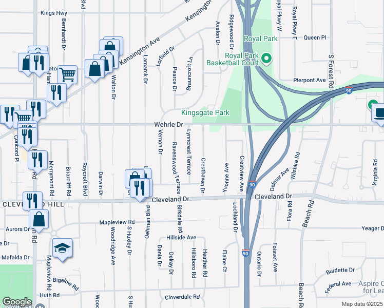 map of restaurants, bars, coffee shops, grocery stores, and more near 73 Lynncrest Terrace in Cheektowaga