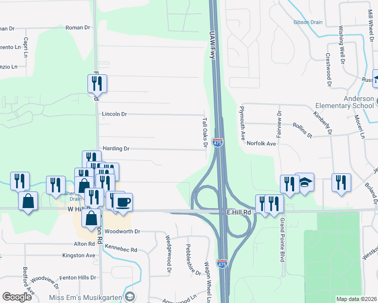 map of restaurants, bars, coffee shops, grocery stores, and more near 1187 Harding Drive in Flint
