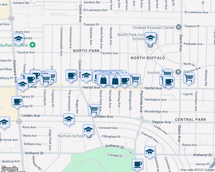 map of restaurants, bars, coffee shops, grocery stores, and more near 1440 Hertel Avenue in Buffalo