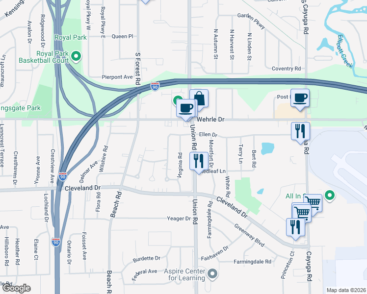 map of restaurants, bars, coffee shops, grocery stores, and more near 94 Virginia Road in Buffalo