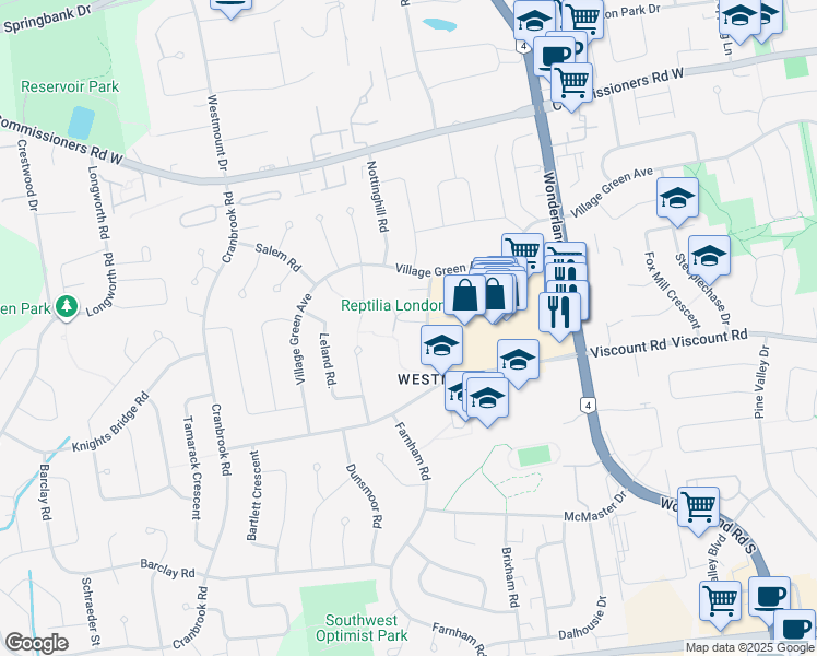map of restaurants, bars, coffee shops, grocery stores, and more near 705 Woodcrest Boulevard in London