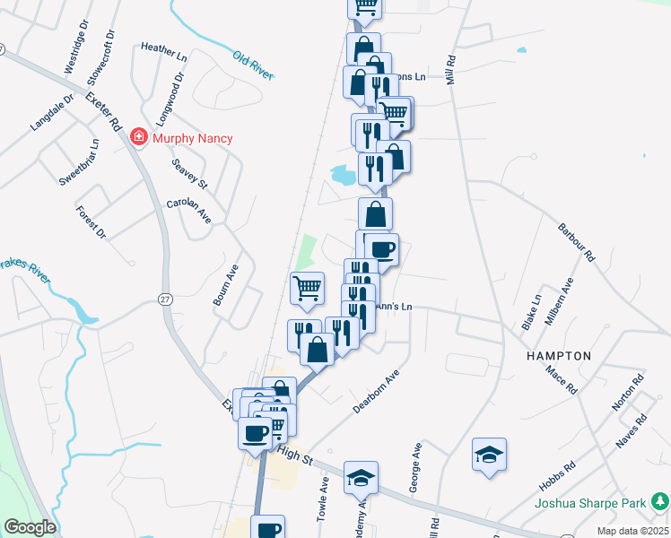 map of restaurants, bars, coffee shops, grocery stores, and more near 35 Fairfield Drive in Hampton