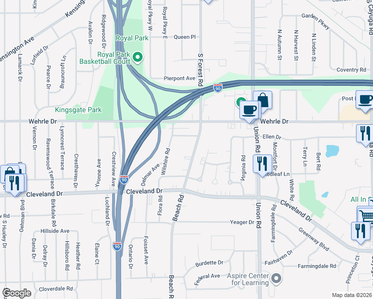 map of restaurants, bars, coffee shops, grocery stores, and more near 996 Beach Road in Cheektowaga