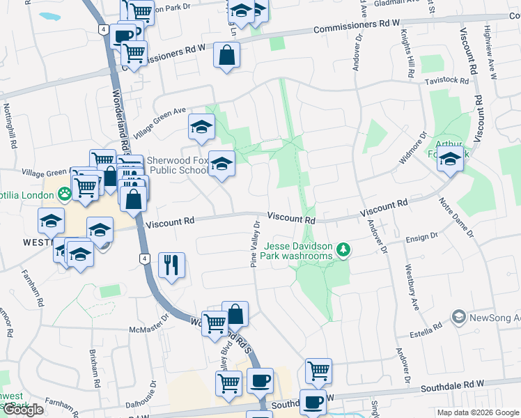 map of restaurants, bars, coffee shops, grocery stores, and more near 806 Viscount Road in London