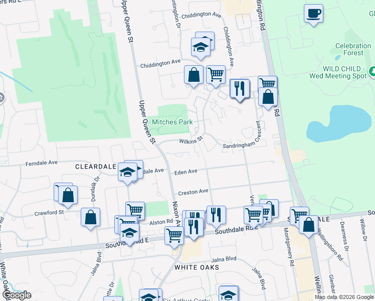 map of restaurants, bars, coffee shops, grocery stores, and more near 678 Upper Queen Street in London