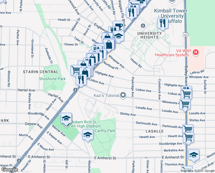 map of restaurants, bars, coffee shops, grocery stores, and more near 89 Lisbon Avenue in Buffalo
