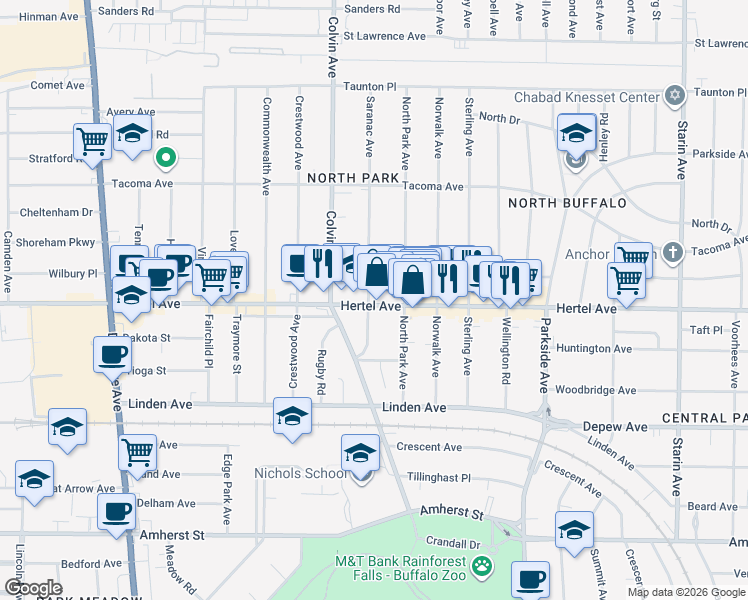 map of restaurants, bars, coffee shops, grocery stores, and more near 1396 Hertel Avenue in Buffalo