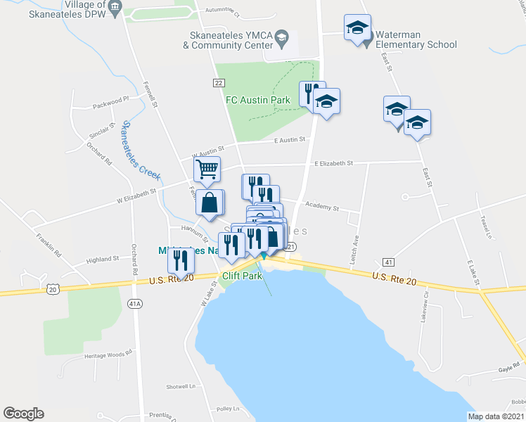 map of restaurants, bars, coffee shops, grocery stores, and more near 36 Jordan St in Skaneateles