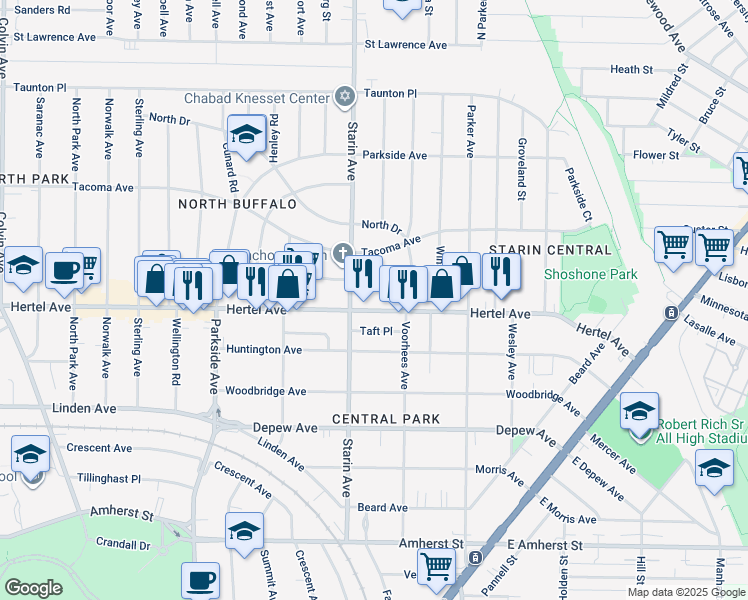 map of restaurants, bars, coffee shops, grocery stores, and more near 1756 Hertel Ave in Buffalo