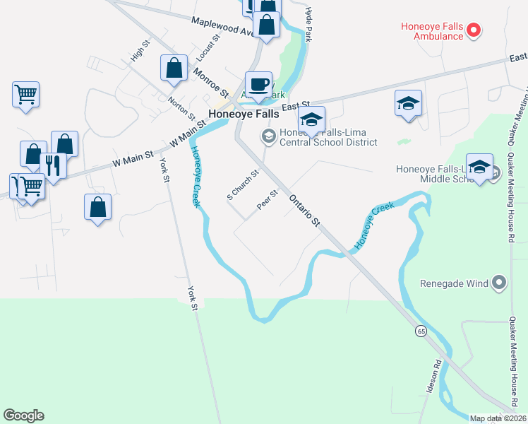 map of restaurants, bars, coffee shops, grocery stores, and more near 24 Peer St in Honeoye Falls