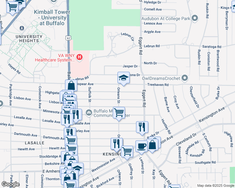 map of restaurants, bars, coffee shops, grocery stores, and more near 555 Highgate Avenue in Buffalo