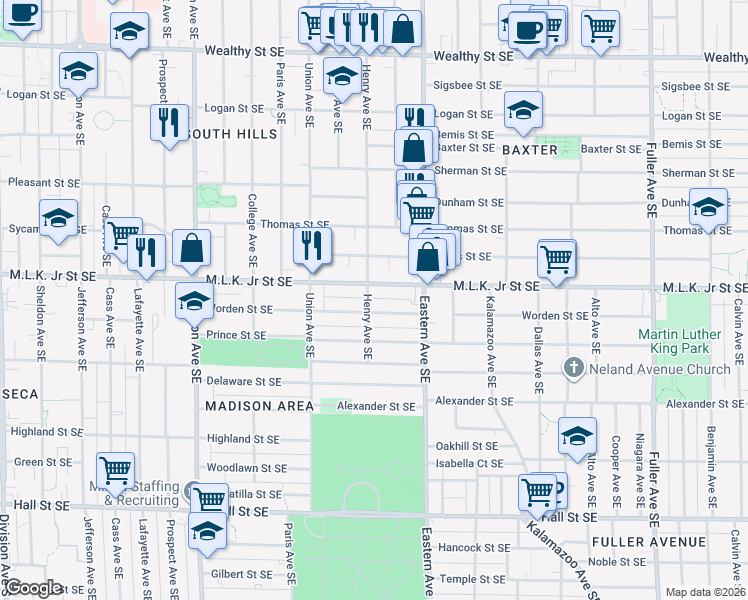 map of restaurants, bars, coffee shops, grocery stores, and more near 814 Henry Avenue Southeast in Grand Rapids