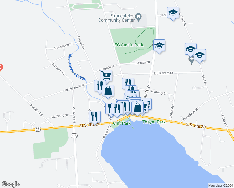 map of restaurants, bars, coffee shops, grocery stores, and more near 22 Fennell Street in Skaneateles