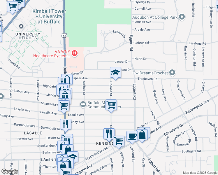 map of restaurants, bars, coffee shops, grocery stores, and more near 555 Highgate Avenue in Buffalo