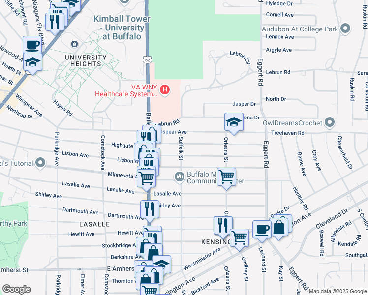 map of restaurants, bars, coffee shops, grocery stores, and more near 477 Highgate Avenue in Buffalo