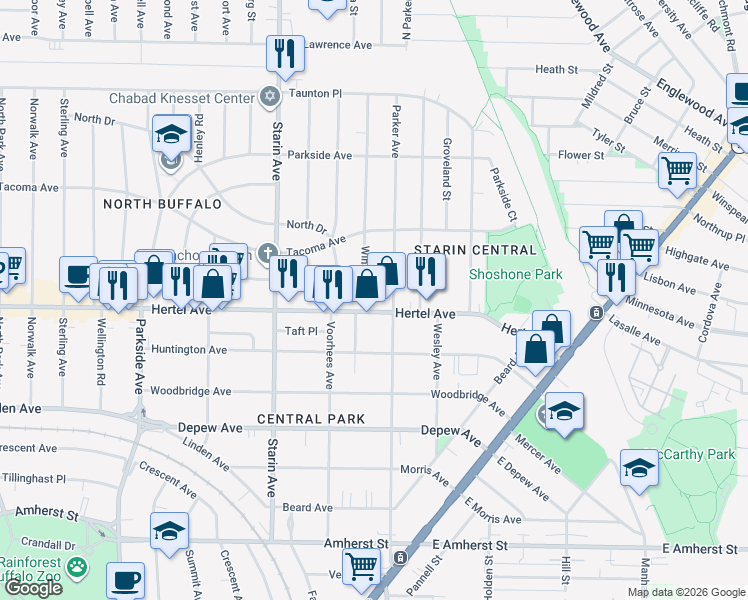 map of restaurants, bars, coffee shops, grocery stores, and more near 11 Winston Road in Buffalo