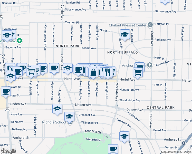 map of restaurants, bars, coffee shops, grocery stores, and more near 1472 Hertel Avenue in Buffalo