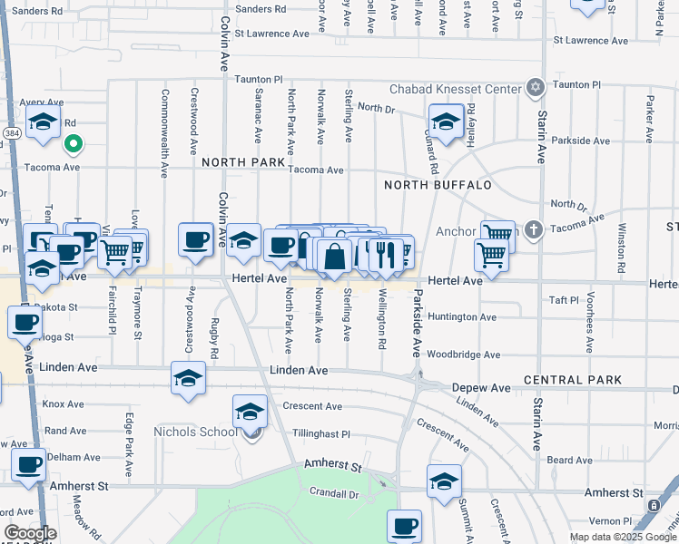 map of restaurants, bars, coffee shops, grocery stores, and more near 1472 Hertel Avenue in Buffalo