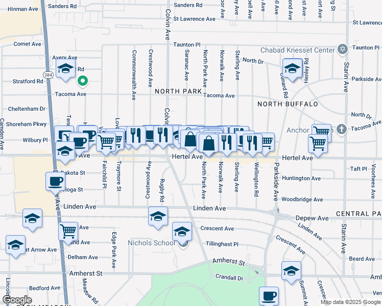 map of restaurants, bars, coffee shops, grocery stores, and more near 1396 Hertel Avenue in Buffalo