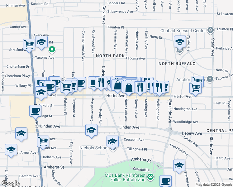 map of restaurants, bars, coffee shops, grocery stores, and more near 1396 Hertel Avenue in Buffalo
