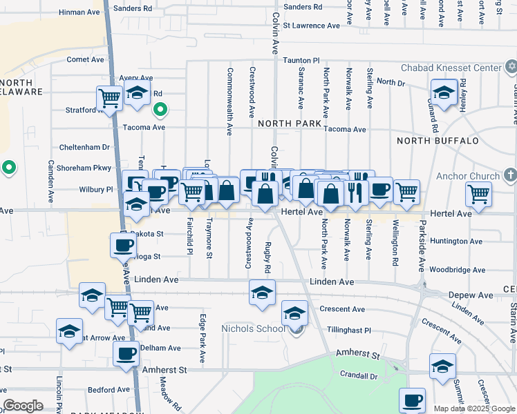 map of restaurants, bars, coffee shops, grocery stores, and more near 1312 Hertel Avenue in Buffalo