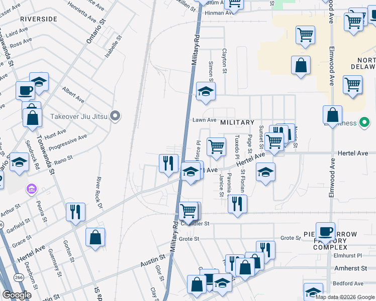 map of restaurants, bars, coffee shops, grocery stores, and more near 417 Military Road in Buffalo