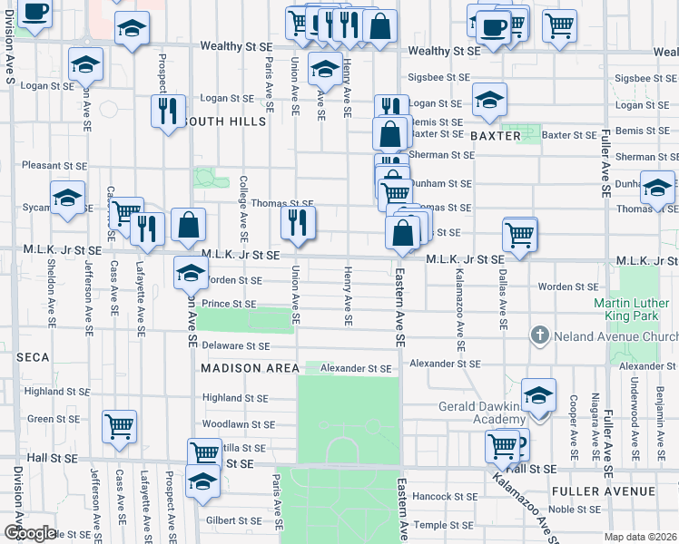 map of restaurants, bars, coffee shops, grocery stores, and more near 814 Henry Avenue Southeast in Grand Rapids