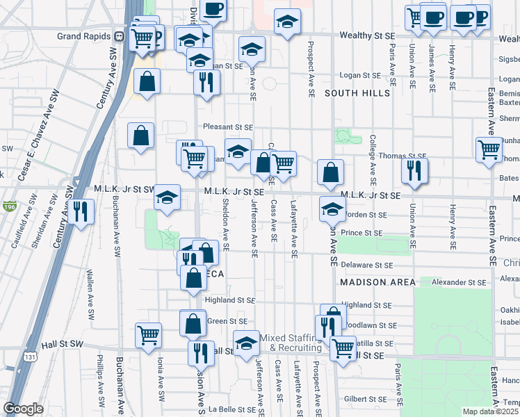 map of restaurants, bars, coffee shops, grocery stores, and more near in Grand Rapids