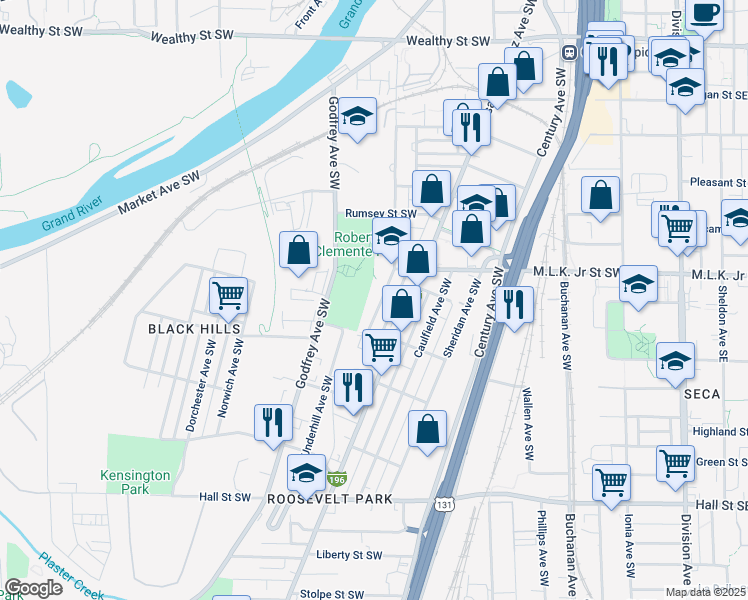 map of restaurants, bars, coffee shops, grocery stores, and more near 830 Oakland Avenue Southwest in Grand Rapids