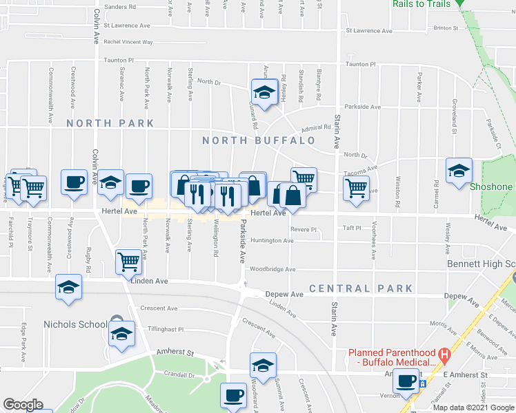 map of restaurants, bars, coffee shops, grocery stores, and more near 1598 Hertel Avenue in Buffalo