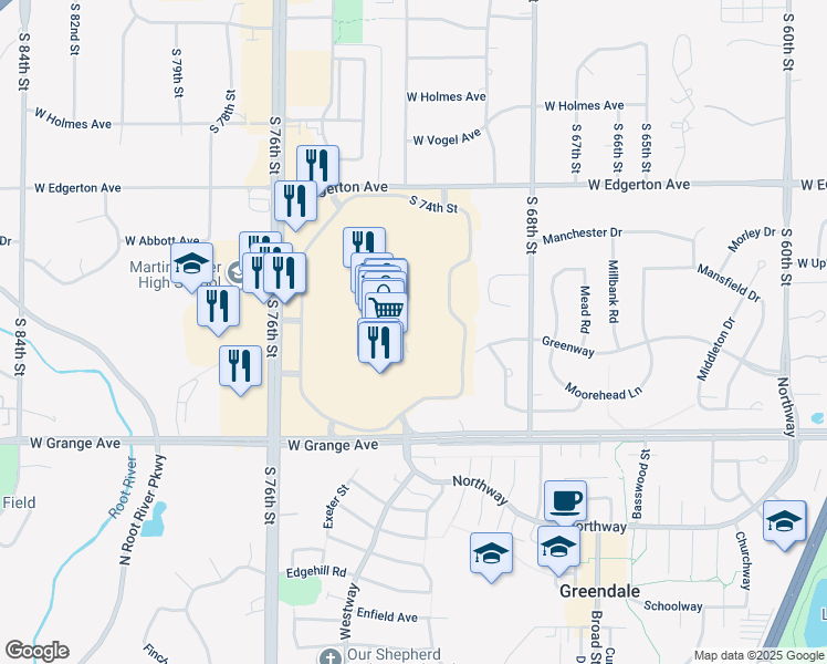 map of restaurants, bars, coffee shops, grocery stores, and more near 5350 South 76th Street in Greendale
