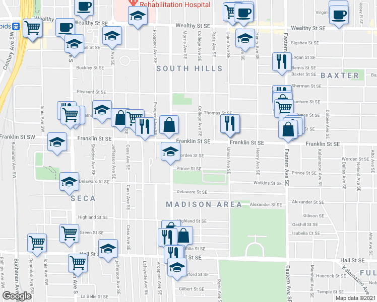 map of restaurants, bars, coffee shops, grocery stores, and more near 435 Worden Street Southeast in Grand Rapids
