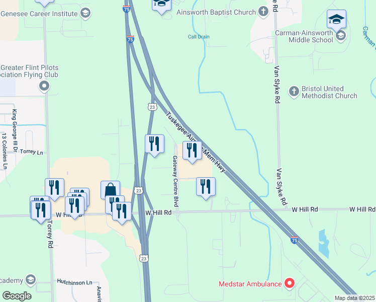 map of restaurants, bars, coffee shops, grocery stores, and more near 5201 Gateway Center in Flint